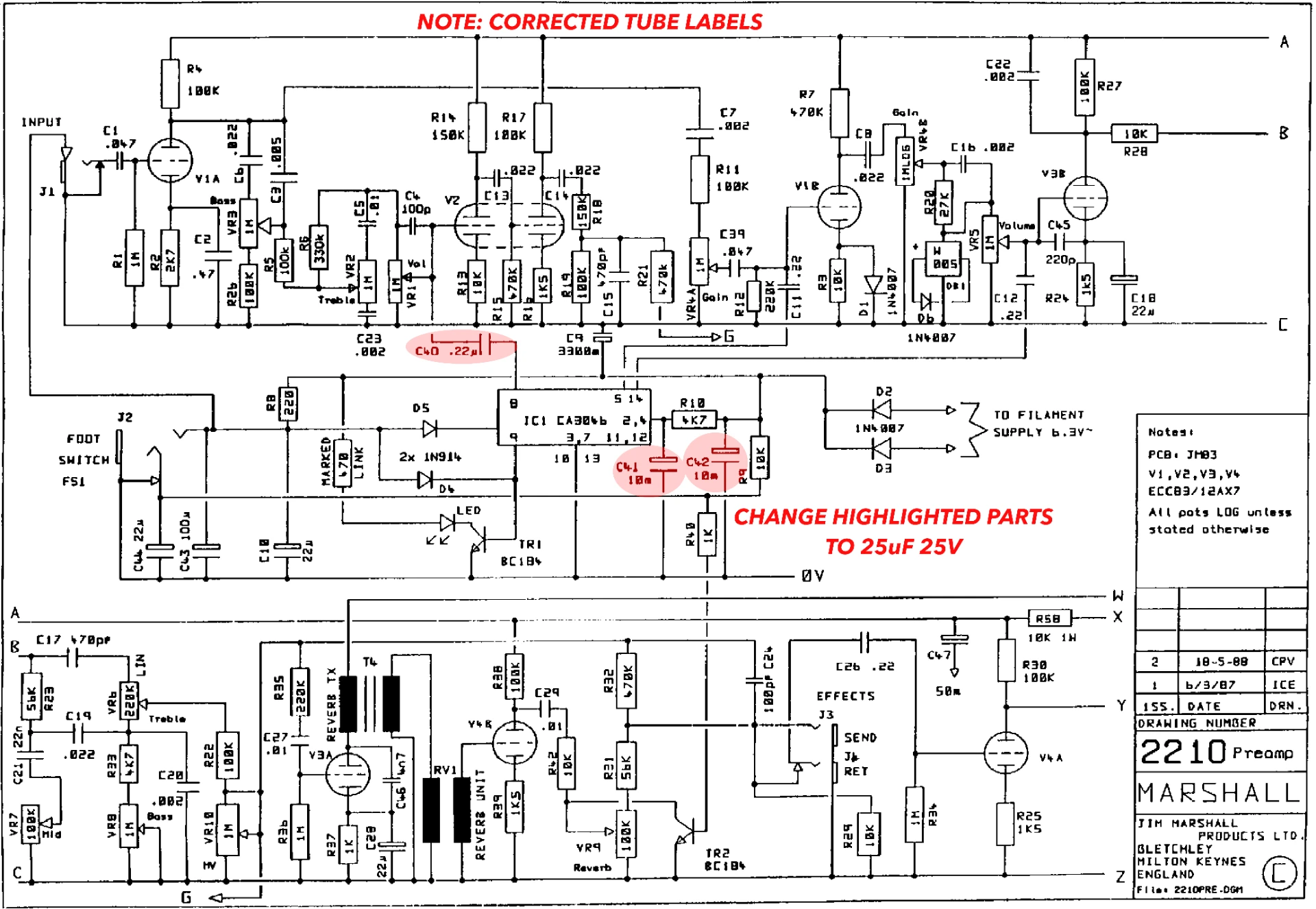Marshall JCM800 Split Channel 100W 2210 preamp schematic with corrected tube labels and highlighted capacitor changes