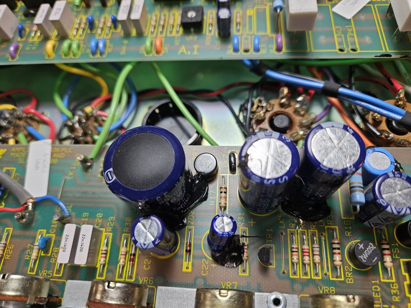 Stock SL-X circuit board with a bulging C8 capacitor