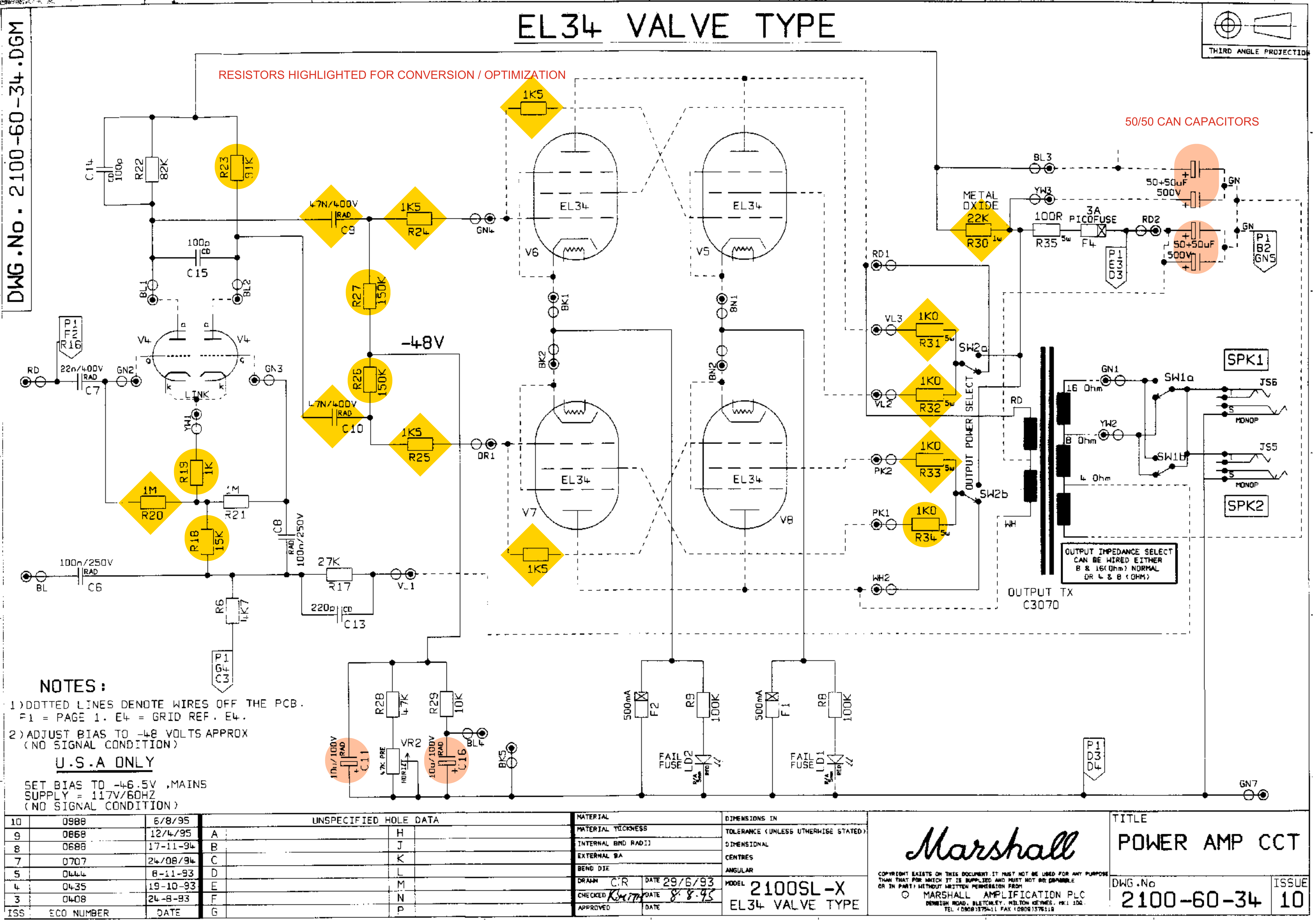 Marshall SL-X 2100 power amp circuit with conversion resistors highlighted