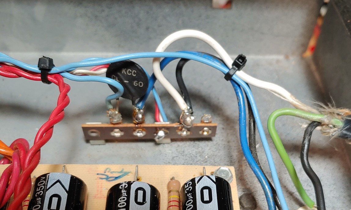Butcher terminal strip with in-rush current limiter and wiring
