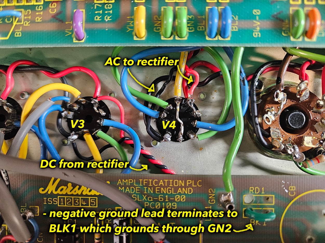 Circuit board wiring with labels for AC and DC paths