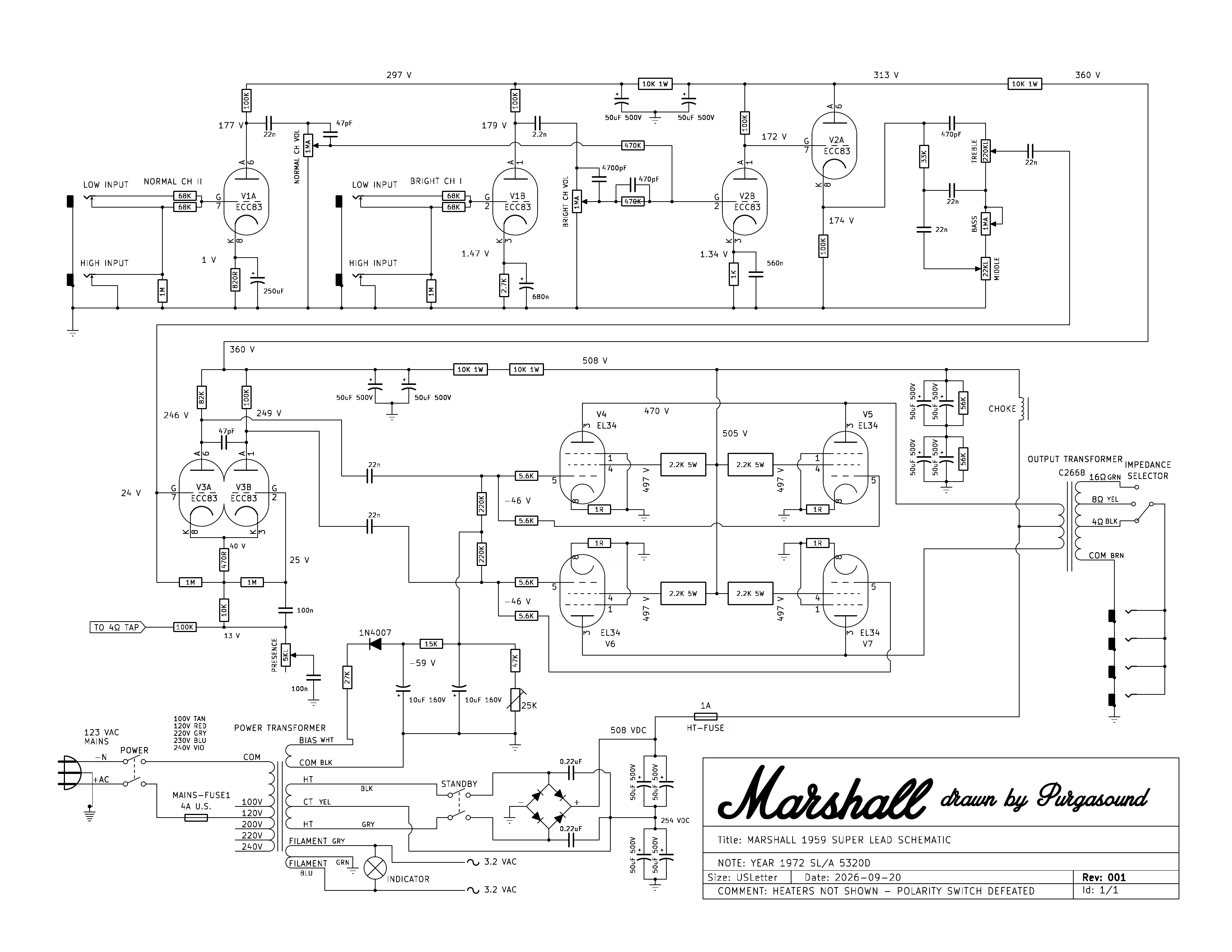 1972 Marshall 1959 Super Lead schematic with voltage measurements, drawn by Purgasound