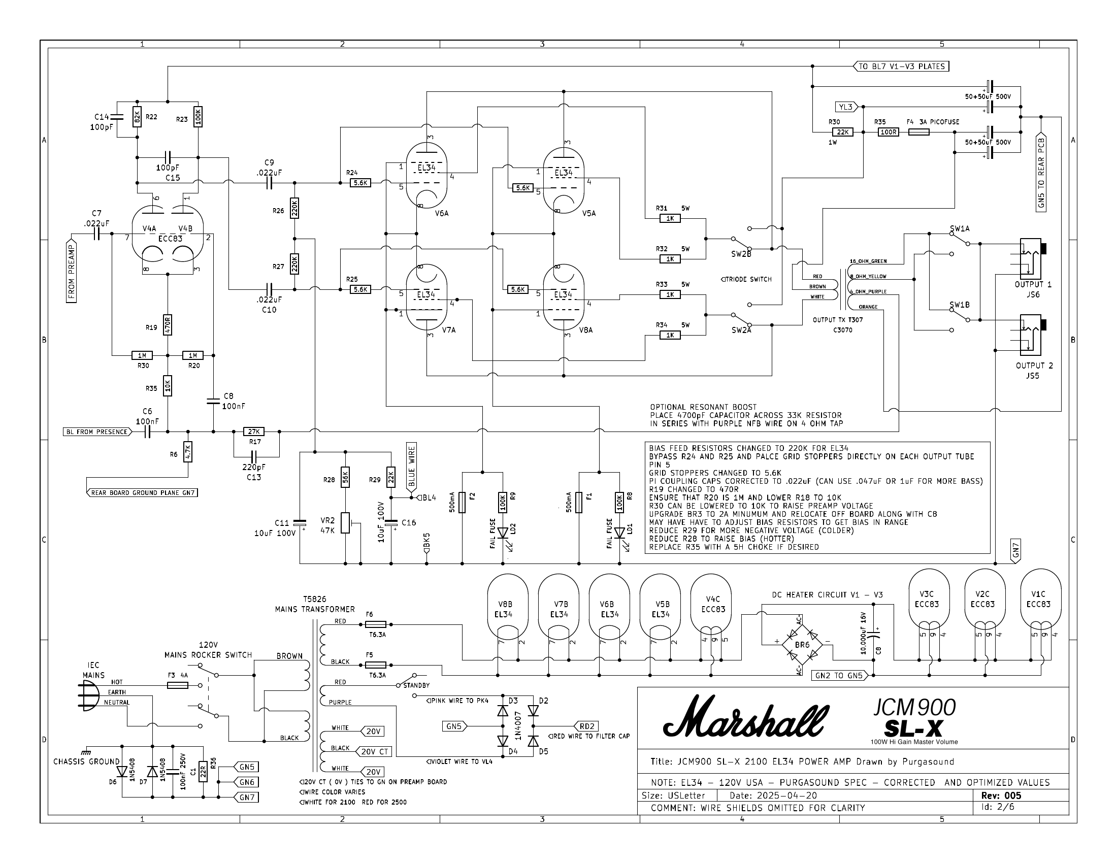 JCM900 SL-X 2100 EL34 power amp, Purgasound spec