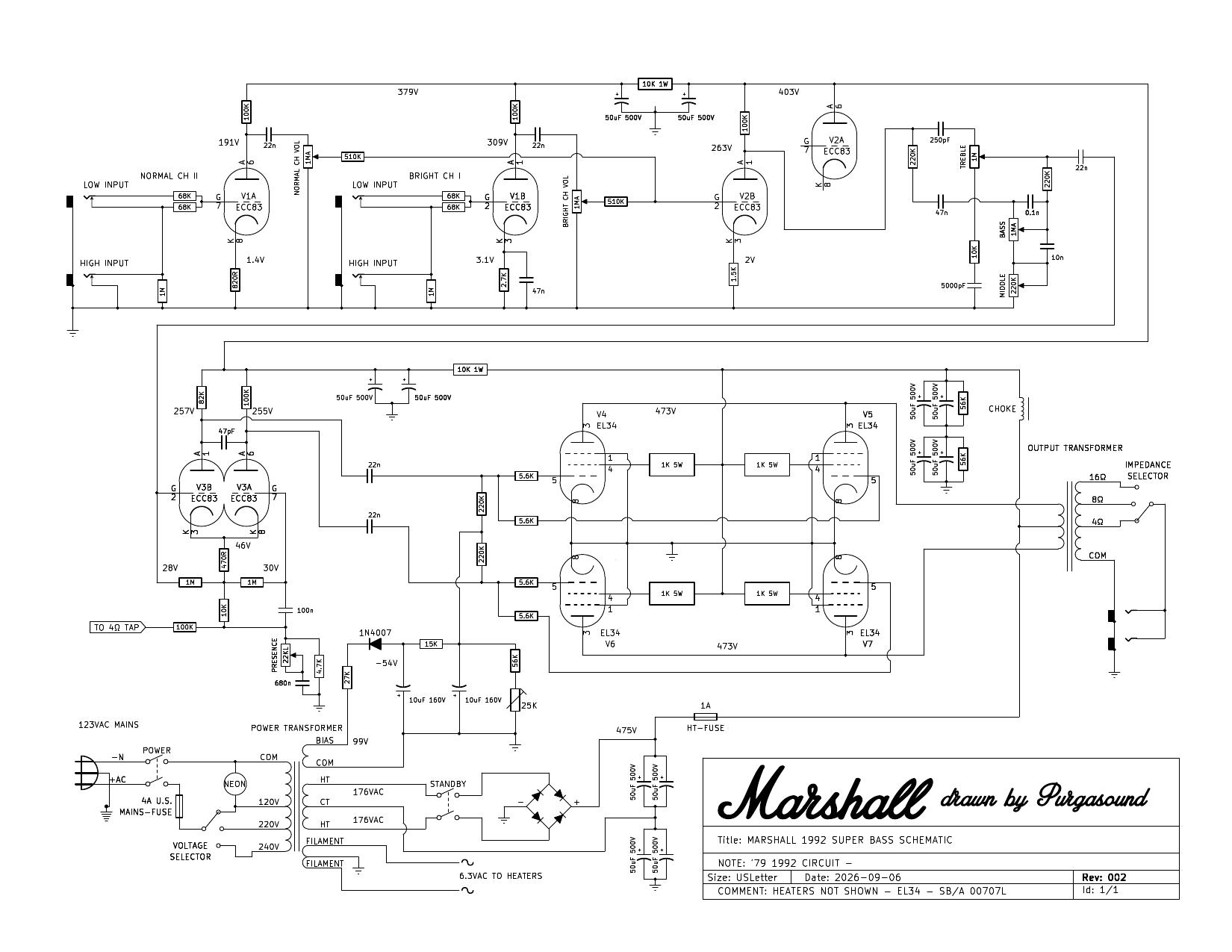 Marshall 1992 Super Bass schematic, 1979 oddball circuit, drawn by Purgasound (Rev 002)