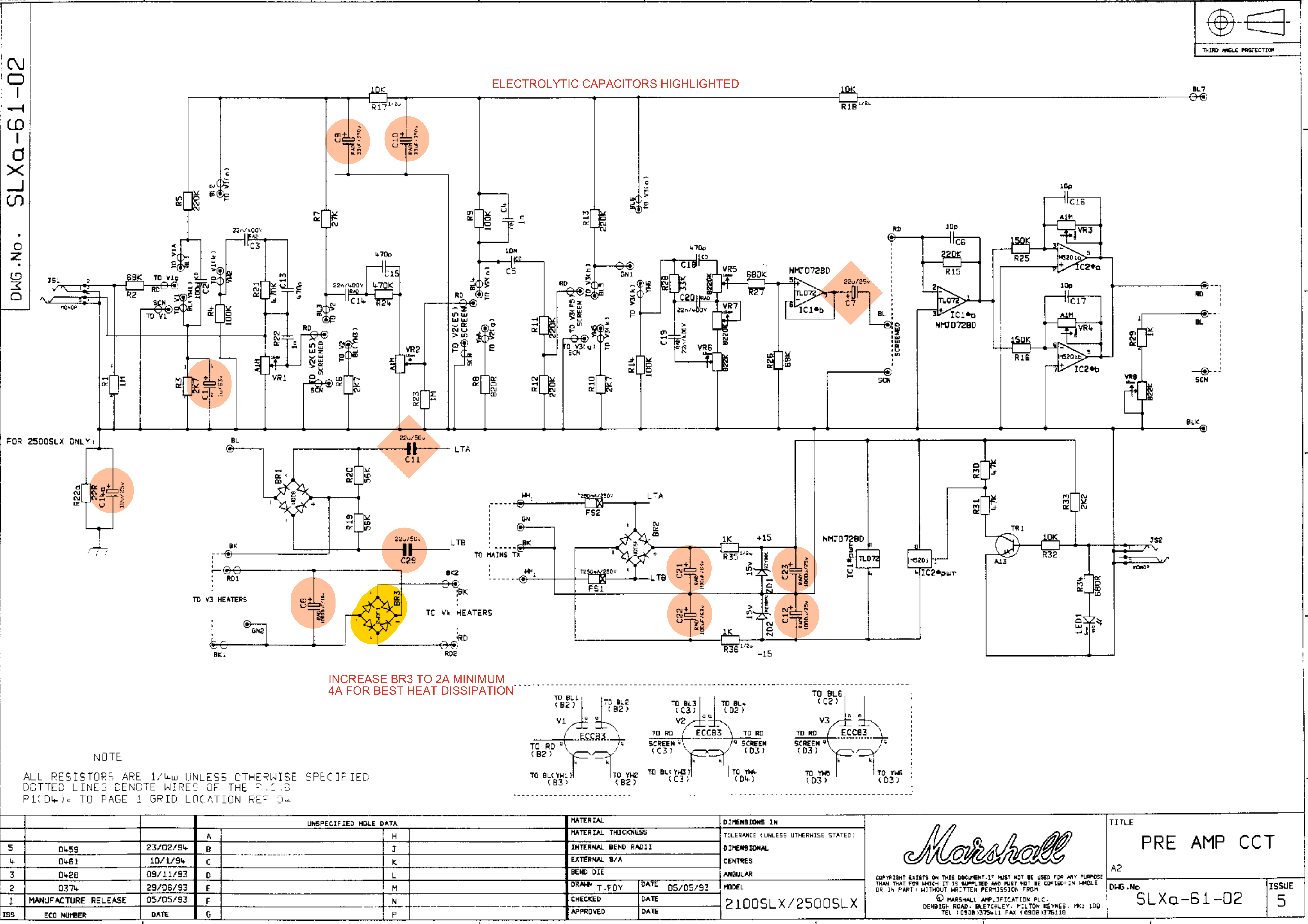 Marshall SL-X preamp circuit with electrolytic capacitors highlighted
