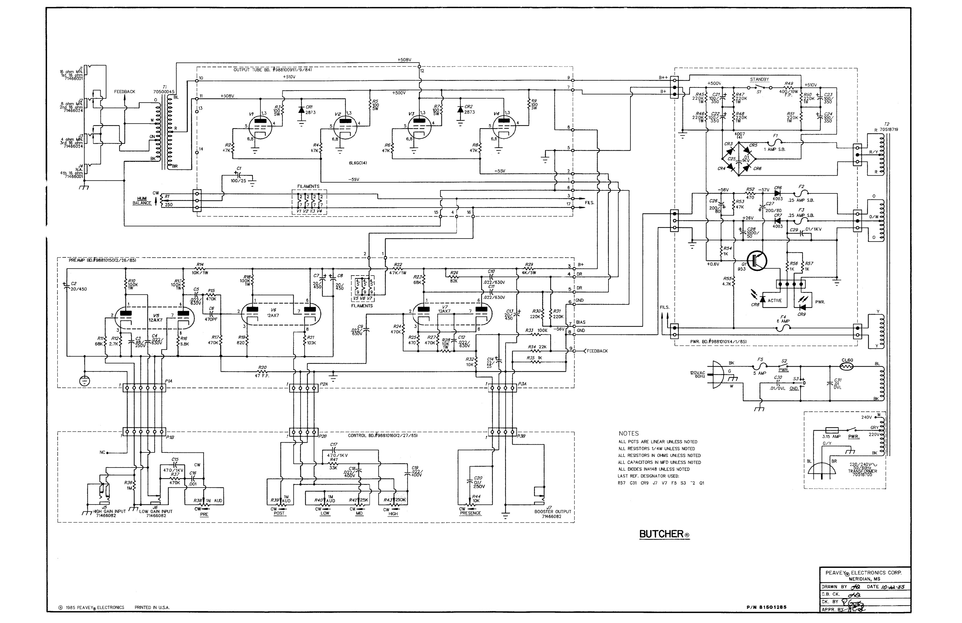 Peavey Butcher complete factory schematic, 1985