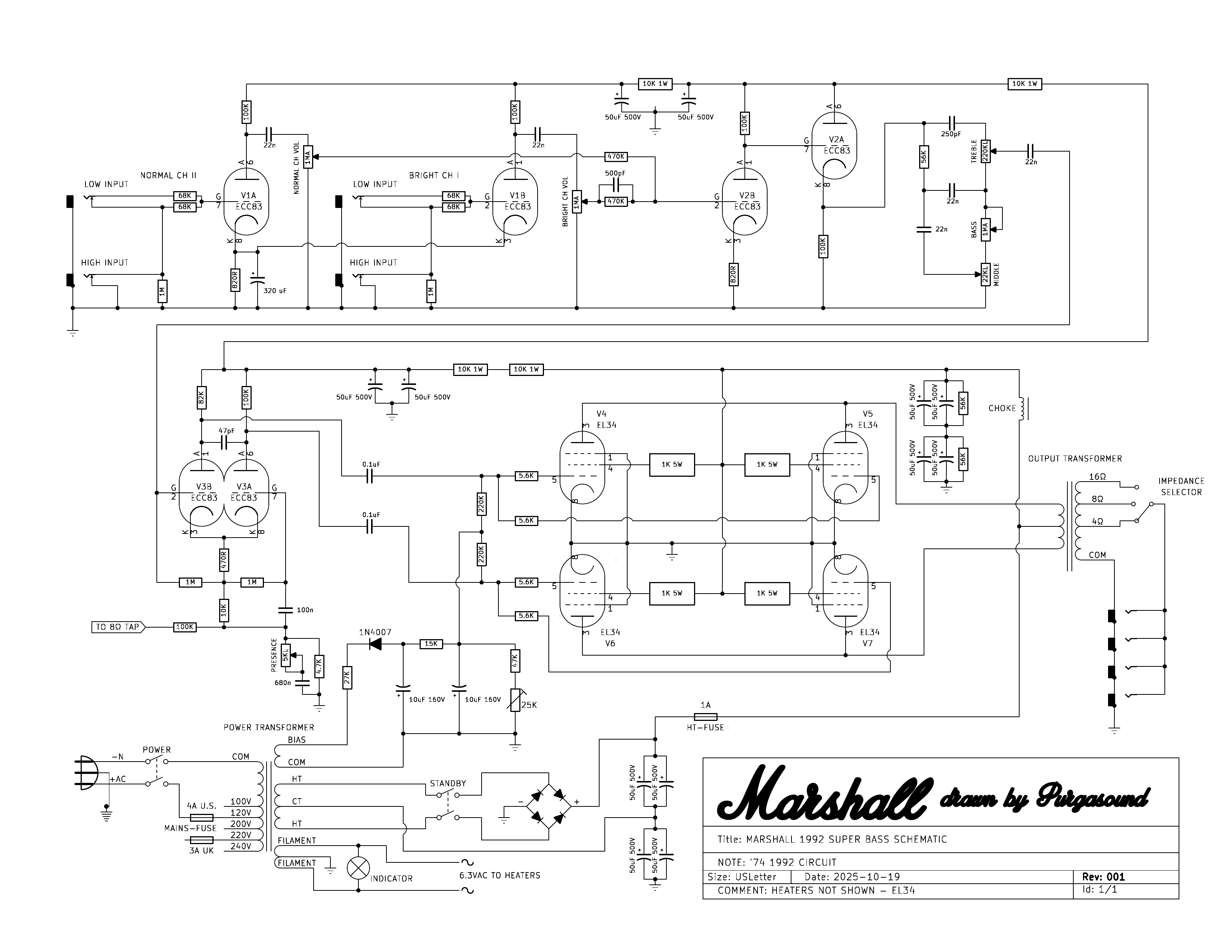 Marshall 1992 Super Bass schematic, mid-1970s circuit, drawn by Purgasound