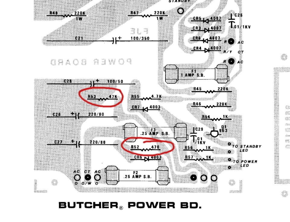 Butcher power board layout with R53 and R52 circled