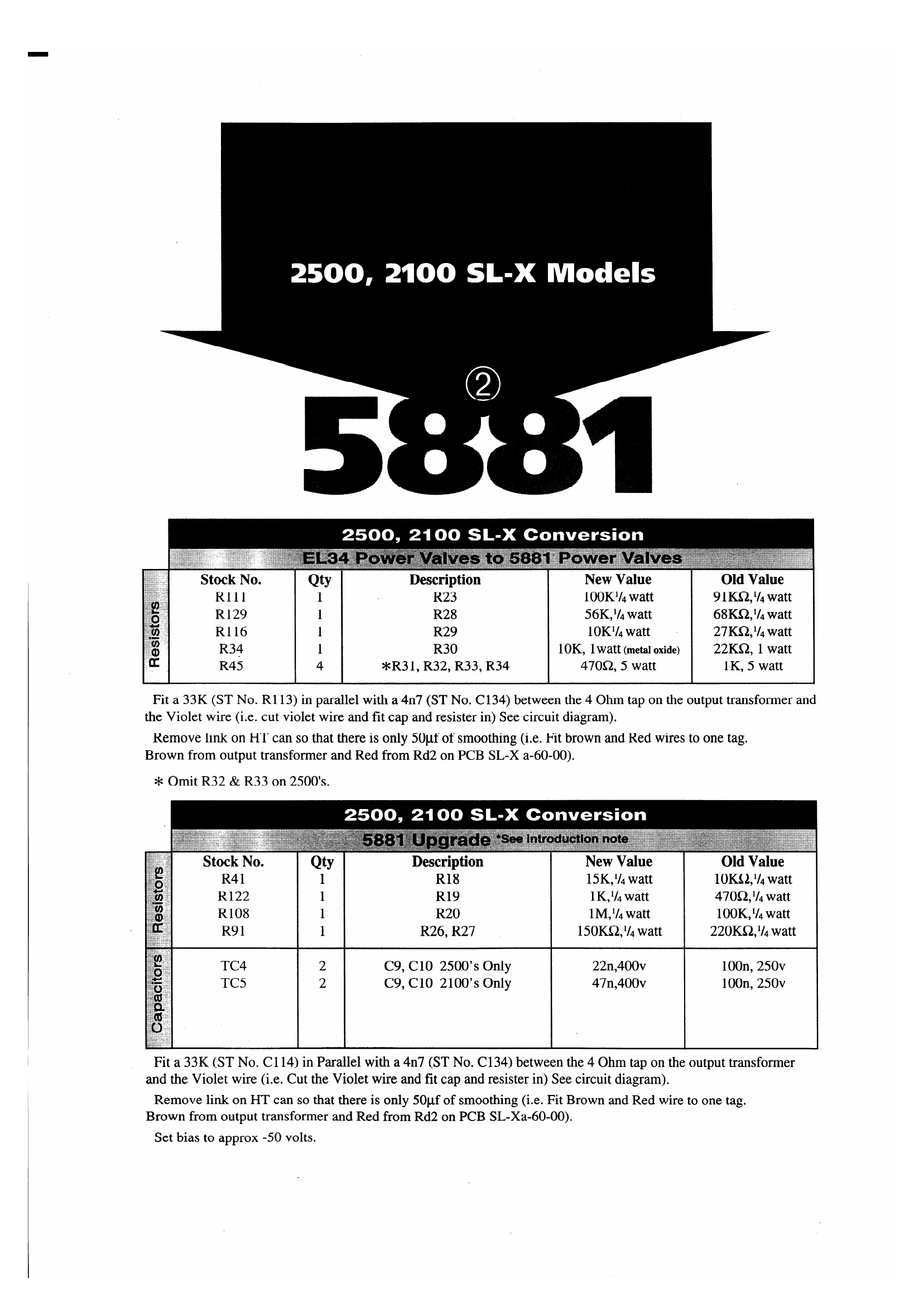 Marshall factory 5881 conversion sheet for 2500 and 2100 SL-X models