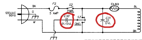 Butcher power input circuit with death caps C30 and C31 circled