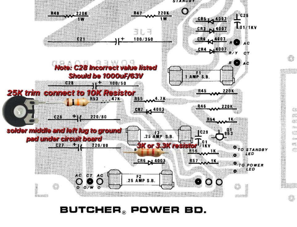 Annotated Butcher power board showing the 25K trim pot and resistor installation