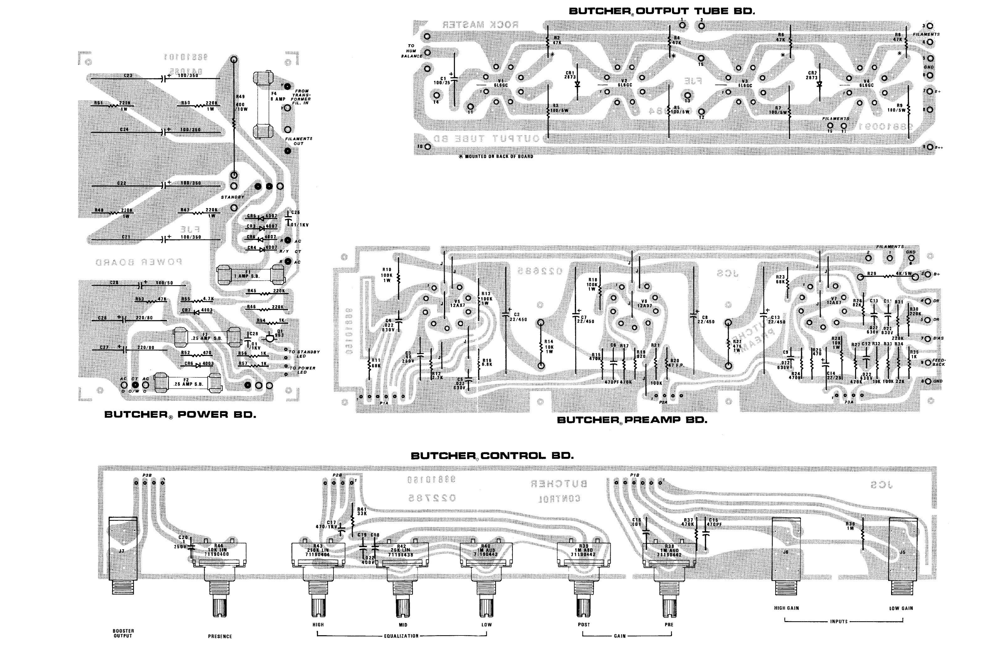 Peavey Butcher circuit board layouts — power, output tube, preamp, and control boards