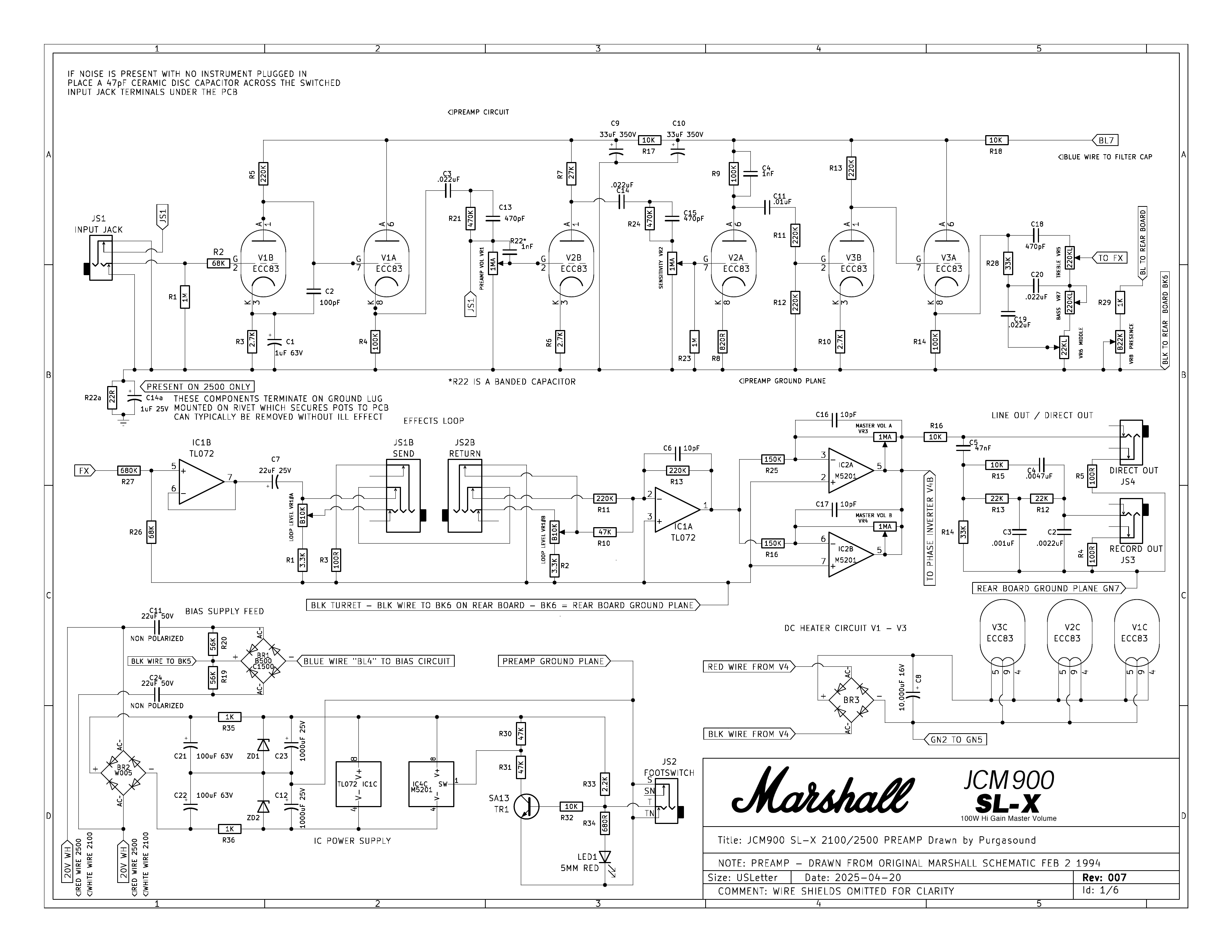 JCM900 SL-X 2100 preamp schematic, Rev 007, drawn by Purgasound